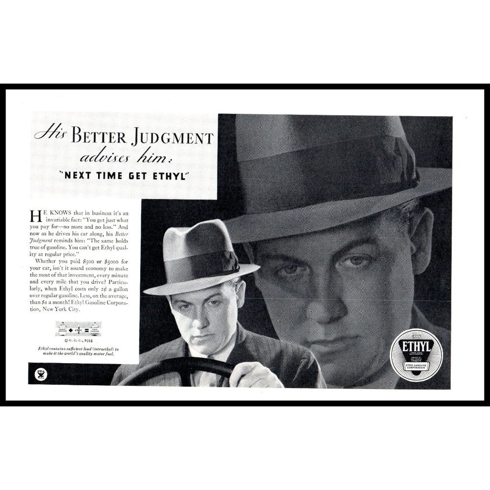 1934 Ethyl Gasoline Corp Vintage Print Ad Man Driving Steering Wheel Wall Art